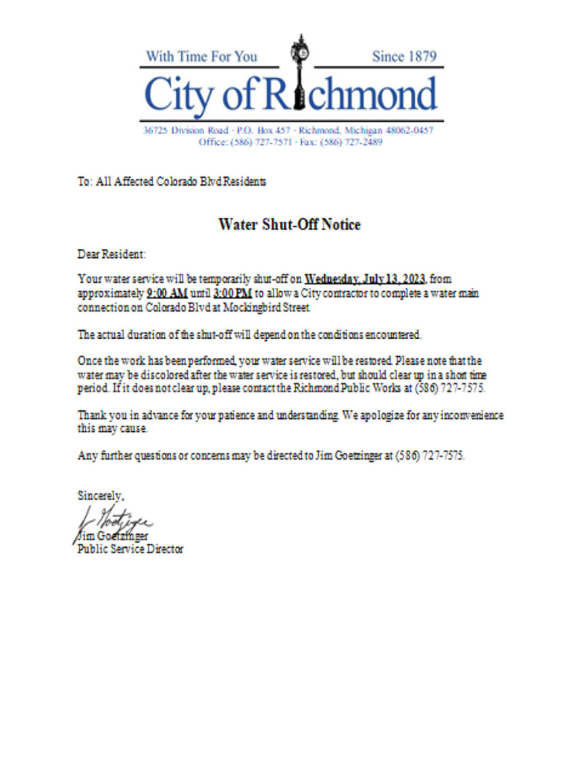 Michigan City of Richmond water shut off notice business utility bill - Butility.net