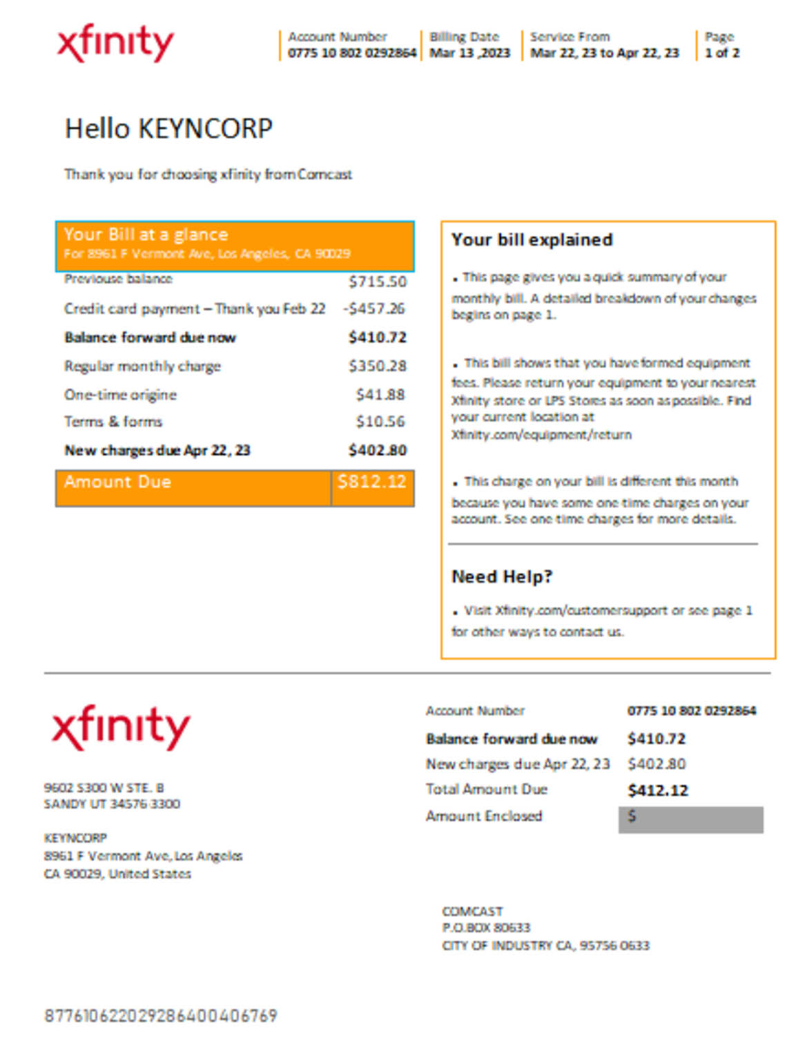 San Francisco Xfinity Comcast business utility bill - Butility.net